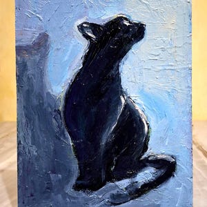 Pintura de gato negro Pintura al óleo Pintura original Arte de gato negro Pintura empastada Imagen de gato negro Pintado a mano Cartón 6\8 pulgadas