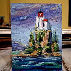 Pintura de faro en las rocas Pintura al óleo de faro Arte mural de faro Pintura al óleo original Pintura con y sin marco 6\8 pulgadas