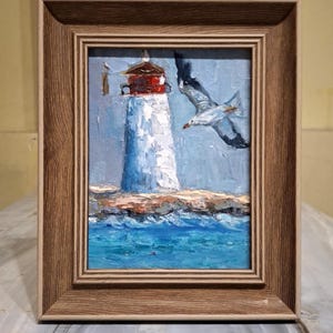 Pintura al óleo de faro Pintura con marco Pintura original Pintura de paisaje marino Pintura al óleo empastada Arte de pared Arte de faro Cartón 6\8 i