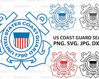 SVG del sigillo della Guardia Costiera degli Stati Uniti. Clip art grafica a colori, nera, rossa e blu del sigillo USCG, ideale come regalo. File di taglio USAF in formato SVG, DXF e JPG.