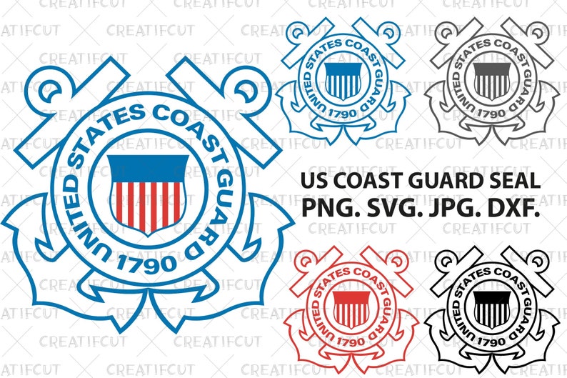 May include: A blue and white United States Coast Guard seal with an anchor on each side. The seal has the words "United States Coast Guard" and "1790" around the outside. The seal also has a shield with red and white stripes in the centre.