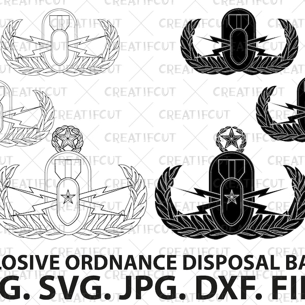 Illustration vectorielle d'insigne NEM de base, senior et maître de neutralisation des explosifs et munitions. Insigne EOD de l'armée américaine png, découpe svg dxf et jpg.