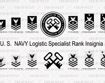 Gradi e distintivi di specialista logistico della Marina degli Stati Uniti, pacchetto di insegne di grado LS della USN, classificazione del personale arruolato in formato svg, dxf e jpg.
