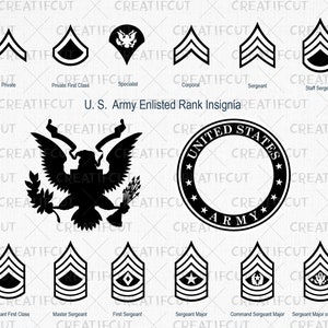 US Army aangeworven rang onderscheidingstekens SVG, militaire lijst clip art pack. United States Armed Forces illustraties, png, snijden svg-, dxf- en jpg-bestanden.