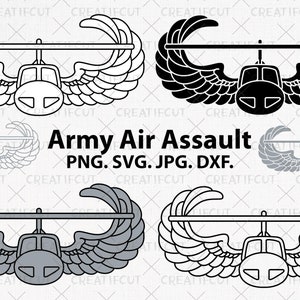 May include: Black and white line art illustrations of the Army Air Assault badge. The badge features a helicopter with wings and a horizontal bar. The text "Army Air Assault" and "PNG. SVG. JPG. DXF." is below the badge.