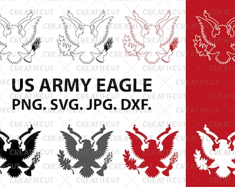 Silhouette dell'aquila dell'esercito degli Stati Uniti in formato SVG, clipart stampabile dell'aquila degli Stati Uniti. Aquila delle forze armate degli Stati Uniti in formato PNG, SVG, DXF e JPG per il taglio.