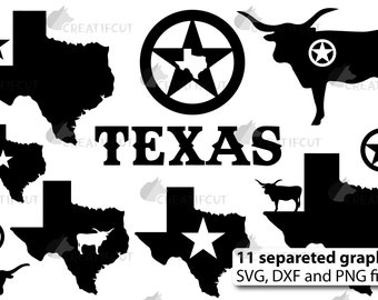 Pacchetto SVG della mappa del Texas, Longhorn, sagoma dello stato (pdf, svg, fxf, jpg)