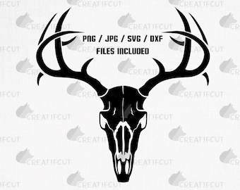 Silhouette di teschio di cervo, decorazione a tema caccia. File SVG per taglio a tema caccia, clipart Cricut per esterni, silhouette SVG. Idee regalo per cacciatori PNG.