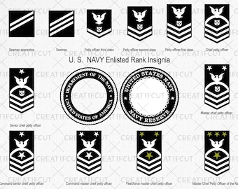 Cornice e gradi della Marina degli Stati Uniti in formato SVG, pacchetto di clipart con insegne dei gradi della Marina degli Stati Uniti, file PNG delle Forze Armate degli Stati Uniti, file SVG, DXF e JPG per il taglio.