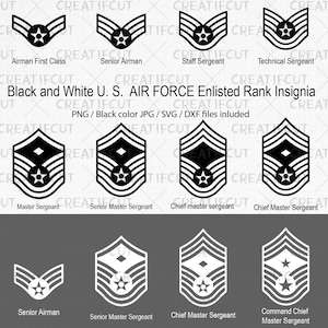 Black and white set US Air Force enlisted rank insignia vector collection with transparent background. Png, cutting svg, dxf and jpg files.