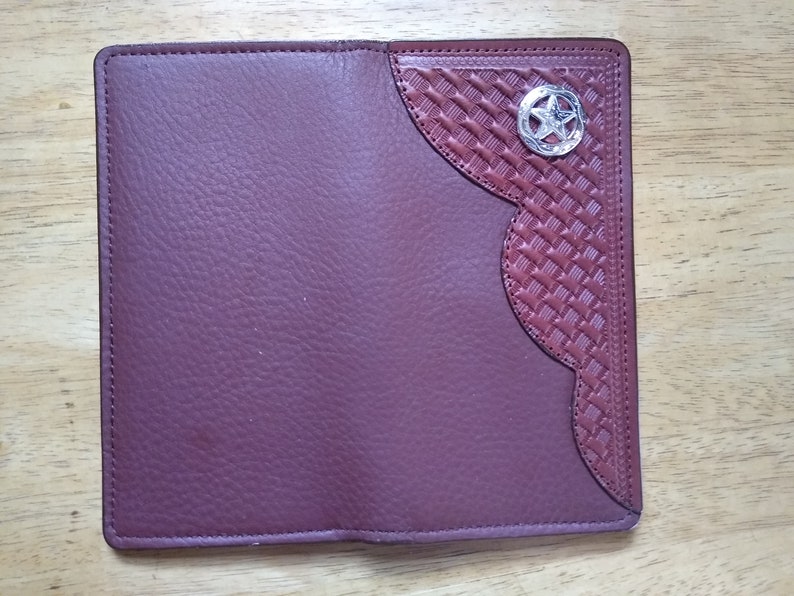 10 pocket leather Roper Wallet credit card liner and cash pockets in brown basket weave design and brown body