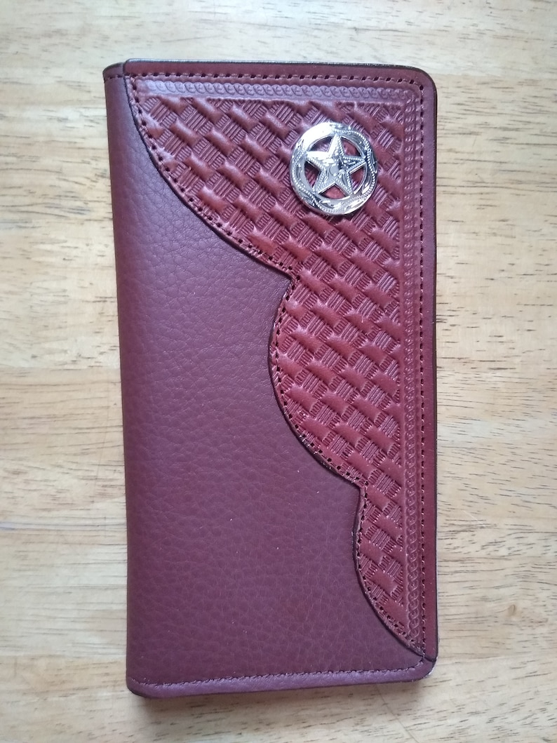 10 pocket leather Roper Wallet credit card liner and cash pockets in brown basket weave design and brown body