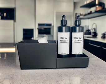 Monochrome soap dispenser & caddy set | Matte black soap dispenser | Black kitchen decor | matt black accessories | sink organiser |