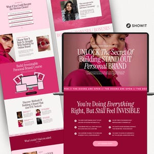May include: A digital marketing website design with a pink and white color scheme. The website promotes a personal brand course, with text that reads "UNLOCK The Secret Of Building STAND OUT Personal BRAND."