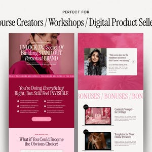 May include: A digital marketing graphic with a pink and white color scheme. The text reads "Course Creators / Workshops / Digital Product Sellers." The graphic includes the text "UNLOCK The Secret Of Building STAND OUT Personal BRAND."