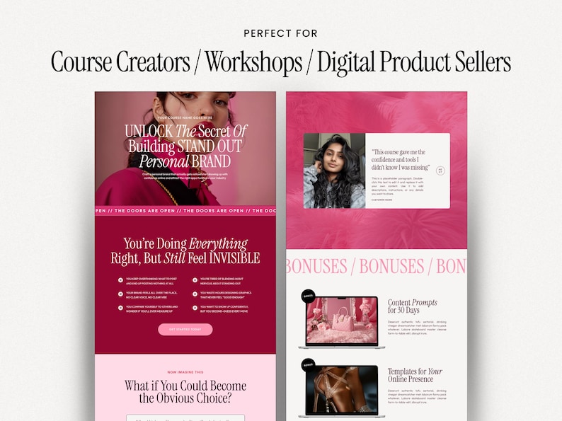 May include: A digital marketing graphic with a pink and white color scheme. The text reads "Course Creators / Workshops / Digital Product Sellers." The graphic includes the text "UNLOCK The Secret Of Building STAND OUT Personal BRAND."