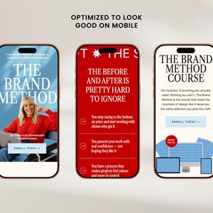 Pu&ograve; includere: Tre smartphone che mostrano contenuti relativi a "The Brand Method". Il primo telefono mostra una donna con un maglione rosso con il testo "The Brand Method". Il secondo telefono ha uno sfondo rosso con testo. Il terzo telefono mostra "The Brand Method Course".