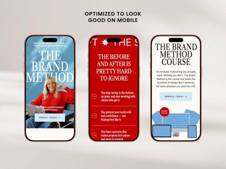 Pu&ograve; includere: Tre smartphone che mostrano contenuti relativi a "The Brand Method". Il primo telefono mostra una donna con un maglione rosso con il testo "The Brand Method". Il secondo telefono ha uno sfondo rosso con testo. Il terzo telefono mostra "The Brand Method Course".