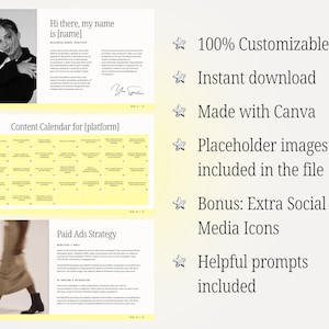 May include: A yellow and white content calendar template with a section for paid ads strategy. The template includes placeholder images and social media icons. The text on the template says "Content Calendar for [platform]" and "Paid Ads Strategy".