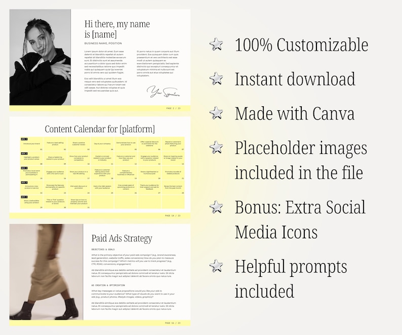 May include: A yellow and white content calendar template with a section for paid ads strategy. The template includes placeholder images and social media icons. The text on the template says "Content Calendar for [platform]" and "Paid Ads Strategy".
