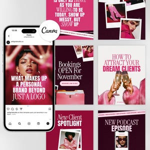 Könnte beinhalten: Ein digitales Marketing-Vorlagenpaket, das auf einem Smartphone angezeigt wird, mit einem Canva-Logo. Das Bild zeigt ein Raster von Social-Media-Posts in Rosa und Weiß mit Text wie "What Makes Up a Personal Brand Beyond Just a Logo".