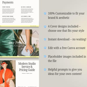 May include: A digital service and pricing guide with a pale yellow border. The guide includes sections on payments and the process, along with a cover design. Text on the guide includes "100% Customizable", "Instant download", and "Edit with a free Canva account."