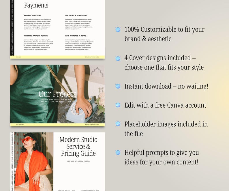 May include: A digital service and pricing guide with a pale yellow border. The guide includes sections on payments and the process, along with a cover design. Text on the guide includes "100% Customizable", "Instant download", and "Edit with a free Canva account."