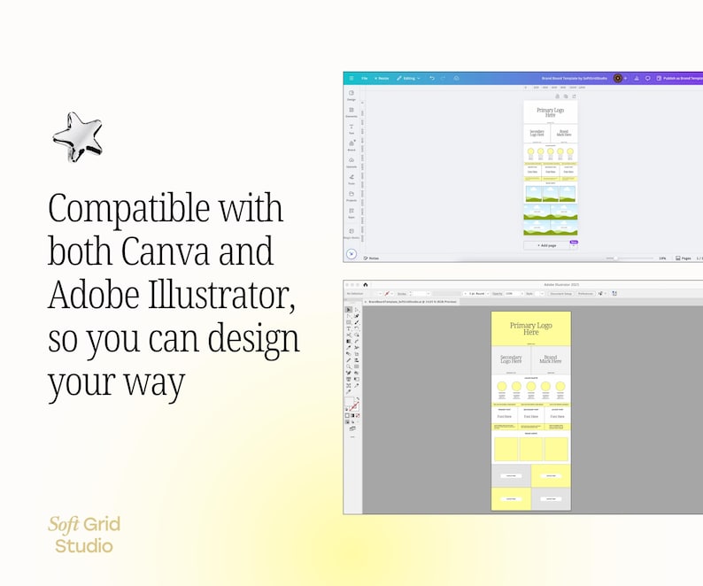 May include: A screenshot of two computer screens showing the Canva and Adobe Illustrator programs. The text on the screen says "Primary Logo Here".