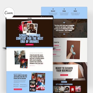 May include: A digital marketing website design with the Canva logo. The website features the text "SCROLL-STOPPING CONTENT FOR THE NEXT ERA OF BRANDS". The website also includes the text "READY TO ELEVATE YOUR BUSINESS?"