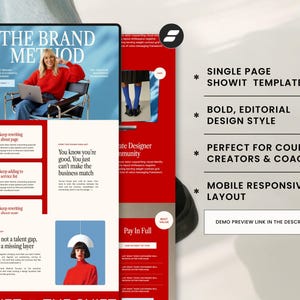 Pu&ograve; includere: Un display digitale che mostra un modello di sito web con un design rosso e bianco. Il testo recita "THE BRAND METHOD" ed evidenzia funzionalit&agrave; come un modello Showit a pagina singola, un design audace e la reattivit&agrave; mobile. Il modello &egrave; progettato per creatori di corsi e coach.