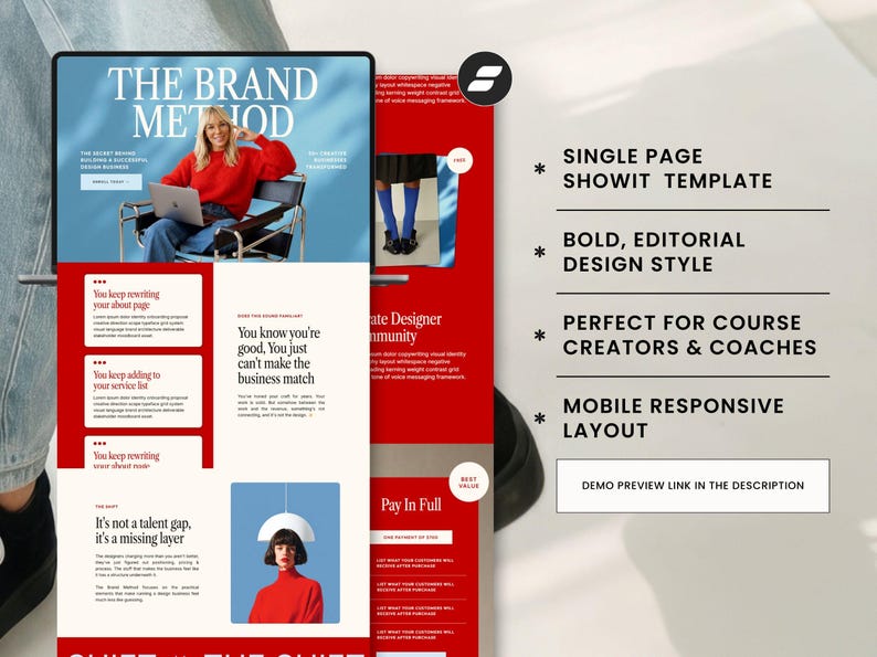 Pu&ograve; includere: Un display digitale che mostra un modello di sito web con un design rosso e bianco. Il testo recita "THE BRAND METHOD" ed evidenzia funzionalit&agrave; come un modello Showit a pagina singola, un design audace e la reattivit&agrave; mobile. Il modello &egrave; progettato per creatori di corsi e coach.