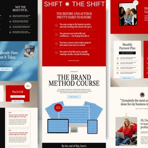 Pu&ograve; includere: Annuncio pubblicitario per un corso di marketing digitale con schema di colori rosso e bianco. Il testo include "SHIFT THE SHIFT" e "THE BRAND METHOD COURSE". L'immagine presenta un computer, un tablet e un telefono, insieme a informazioni sul corso.