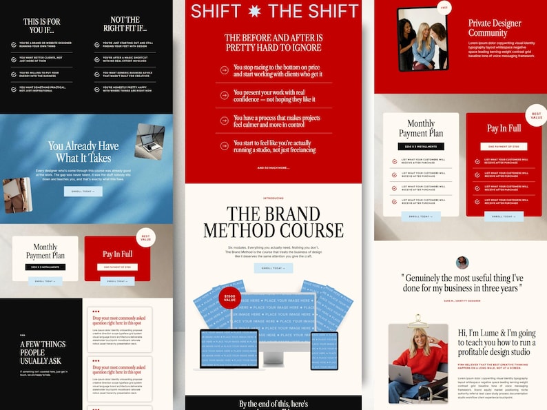 Pu&ograve; includere: Annuncio pubblicitario per un corso di marketing digitale con schema di colori rosso e bianco. Il testo include "SHIFT THE SHIFT" e "THE BRAND METHOD COURSE". L'immagine presenta un computer, un tablet e un telefono, insieme a informazioni sul corso.