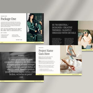 May include: A set of marketing materials in black and light yellow. The materials feature text and images, including the phrases "Package One", "Hi I'm Kristina", and "Project Name Goes Here". A woman in green attire is also shown.