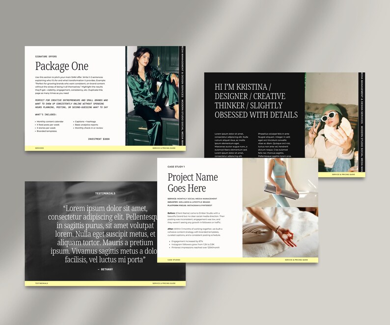 May include: A set of marketing materials in black and light yellow. The materials feature text and images, including the phrases "Package One", "Hi I'm Kristina", and "Project Name Goes Here". A woman in green attire is also shown.