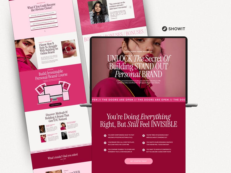 May include: A digital marketing website design with a pink and white color scheme. The website promotes a personal brand course, with text that reads "UNLOCK The Secret Of Building STAND OUT Personal BRAND."