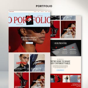 May include: A website design portfolio with a red and white color scheme. The main page features a woman wearing sunglasses and the text "FEATURED PROJECT TILTE GOES HERE." Other sections include "OUR PROCESS" and "WE'RE HERE TO MAKE YOU UNFORGETTABLE."
