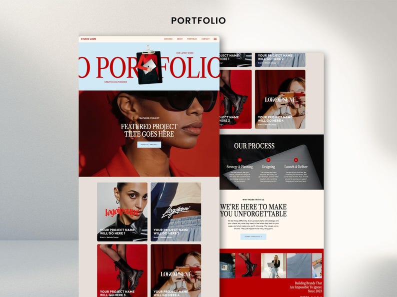 May include: A website design portfolio with a red and white color scheme. The main page features a woman wearing sunglasses and the text "FEATURED PROJECT TILTE GOES HERE." Other sections include "OUR PROCESS" and "WE'RE HERE TO MAKE YOU UNFORGETTABLE."