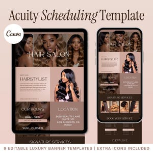 May include: A digital template for a hair salon, displayed on a tablet and smartphone. The design features images of hairstyles, the text "Hair Salon," and information about hours, location, and services. The template is designed for use with Acuity Scheduling.