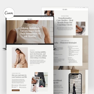 Könnte beinhalten: Eine digitale Marketing-Website, die auf einem Laptop, Tablet und Smartphone angezeigt wird. Die Website zeigt den Text "Helping Ambitious Entrepreneurs Scale Their Businesses To 10k Months" und "EZARA". Das Design umfasst Bilder und Fallstudien.