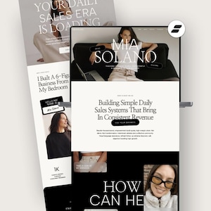 Pode incluir: Um laptop exibindo um site com o texto "MIA SOLANO" e "Building Simple Daily Sales Systems That Bring In Consistent Revenue." Texto adicional inclui "YOUR SALES ERA IS LOADING" e "I Built A 6-Fig Business From My Bedroom."