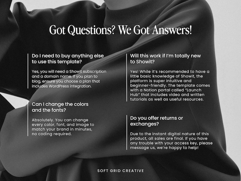 Pu&ograve; includere: Immagine con il testo "Got Questions? We Got Answers!" e risposte alle domande pi&ugrave; frequenti su un modello Showit. Le domande includono: l'acquisto del modello, la modifica dei colori e se funziona per i principianti.