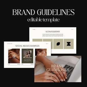 Könnte beinhalten: Ein schwarzer Hintergrund mit den weißen Worten „BRAND GUIDELINES“ und „editable template“. Das Bild enthält Beispiele für Social-Media-Posts und Marken-Ikonografie. Hände sind bei der Benutzung eines Laptops zu sehen.