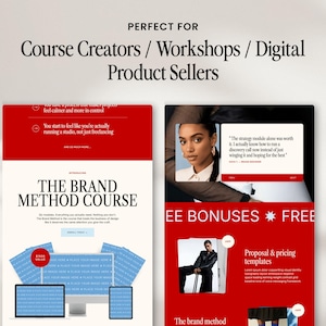 Pu&ograve; includere: Immagine di un design di marketing digitale rosso e bianco. Il testo include "PERFECT FOR Course Creators / Workshops / Digital Product Sellers" e "THE BRAND METHOD COURSE". Il design include anche un ritratto di donna e le parole "EE BONUSES * FREE".