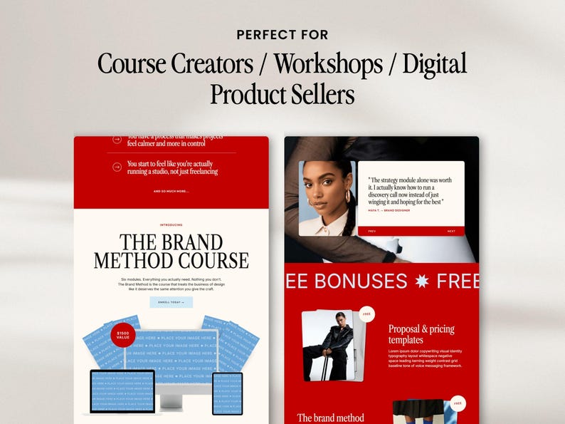 Pu&ograve; includere: Immagine di un design di marketing digitale rosso e bianco. Il testo include "PERFECT FOR Course Creators / Workshops / Digital Product Sellers" e "THE BRAND METHOD COURSE". Il design include anche un ritratto di donna e le parole "EE BONUSES * FREE".