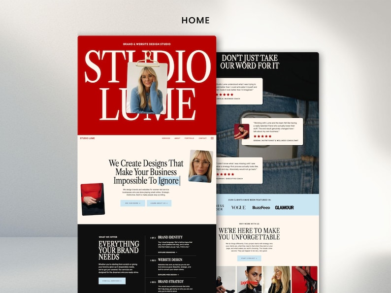 May include: A website design studio's homepage design is displayed, featuring a red header with the text "STUDIO LUME" in large white letters. The design includes the text "We Create Designs That Make Your Business Impossible To Ignore."