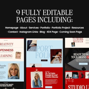 Lume Showit website template pages overview showing 9 fully editable pages including Homepage, About, Services, Portfolio, Contact, Blog and more, with bold editorial red and cream design previews.