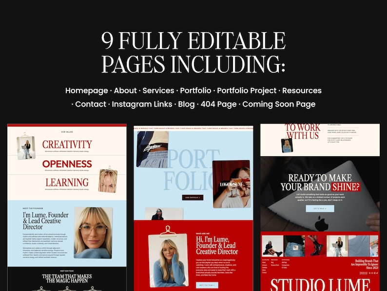 Lume Showit website template pages overview showing 9 fully editable pages including Homepage, About, Services, Portfolio, Contact, Blog and more, with bold editorial red and cream design previews.
