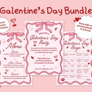 Paquete del Día de San Valentín: plantilla editable de invitación, menú y tarjeta de bingo para una divertida fiesta del Día de San Valentín