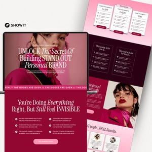 May include: A laptop screen and marketing materials with a pink and white color scheme. The laptop displays text: "UNLOCK The Secret Of Building STAND OUT Personal BRAND." The marketing materials include pricing options and course details.